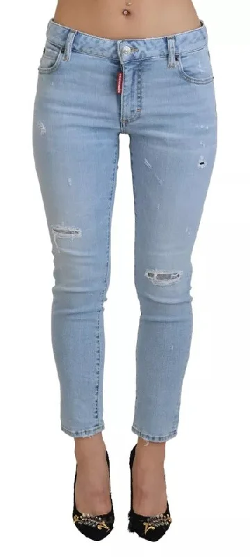 Blue Tattered Mid Waist Cropped Twiggy Denim Jeans Comfortable Jogger Style Jeans