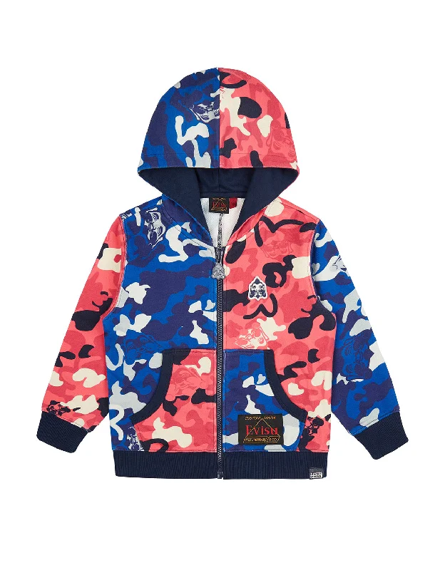 Color Blocking Allover Camouflage Print Zip-up Hoodie Hoodie with Lace Feminine Delicate