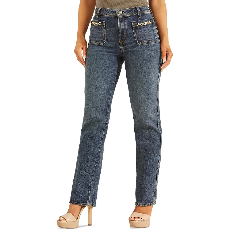Guess Womens High Rise Dark Wash Straight Leg Jeans Fashionable Straight Cut Jeans