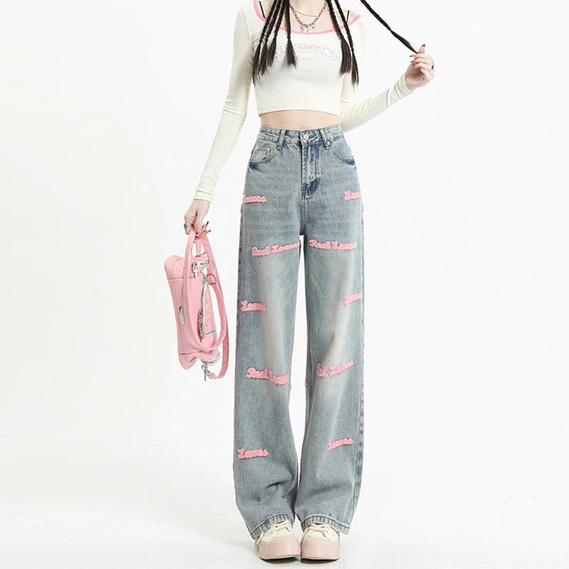 High Waisted Straight Jeans For Y2k Women Streetwear Summer Korean Trousers Casual Wide-Legged Denim Jeans High Waisted Straight Jeans For Y2k Women Streetwear Summer Korean Trousers Casual Wide-Legged Denim Jeans