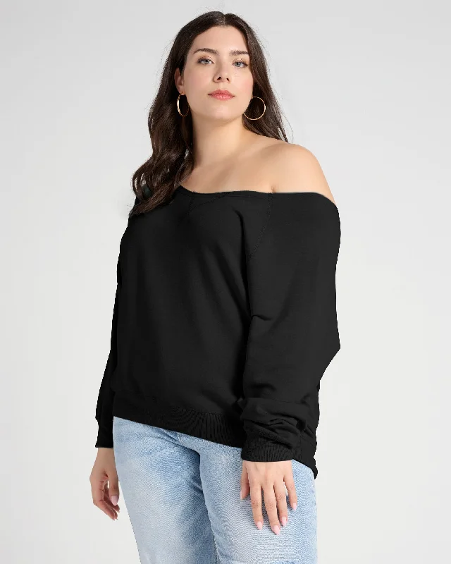 Plus Size Off the Shoulder Fleece Sweatshirt Hoodie with Ribbed Neckline Snug Warm