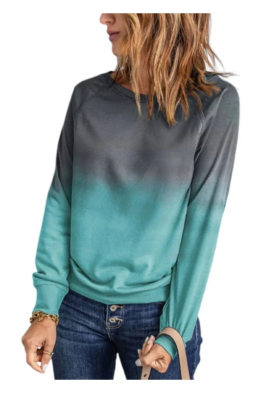 Pullover Sweatshirt In Teal Ombre Hoodie with Thumb Holes Functional Cozy