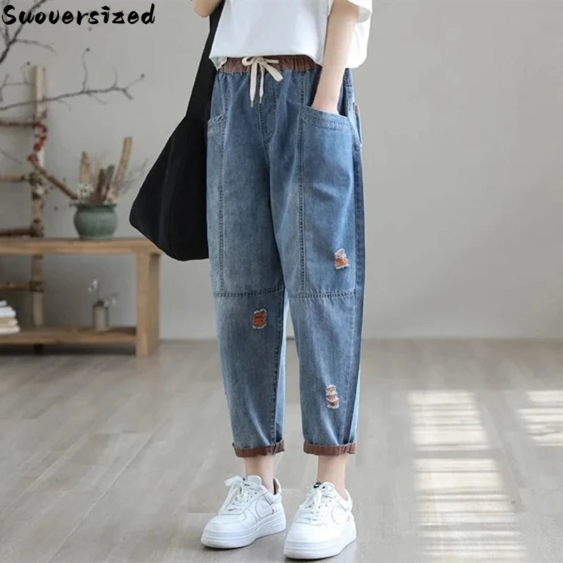 Ripped Splice Baggy Ankle-Length Harem Jeans Women Elastic High Waist Denim Pant Fashionable Raw Hem Bootcut Jeans Ripped Splice Baggy Ankle-Length Harem Jeans Women Elastic High Waist Denim Pant Fashionable Raw Hem Bootcut Jeans