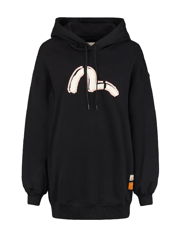 Seagull and Kamon Print Hooded Tunic Hoodie with Hem Elastic Stretchable Comfortable Seagull and Kamon Print Hooded Tunic Hoodie with Hem Elastic Stretchable Comfortable