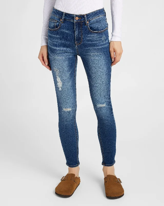 Suzi Mid Rise Distressed Skinny Jeans Comfortable Straight-Legged Denim