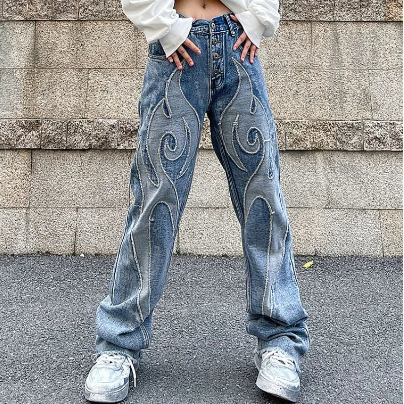 Vintage Flame Embroidered High Rise Jeans Women's Washed Old Loose Fit Jeans Women Trendy Wide-Leg High-Waist Denim Vintage Flame Embroidered High Rise Jeans Women's Washed Old Loose Fit Jeans Women Trendy Wide-Leg High-Waist Denim