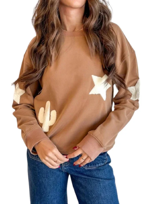 Western Patchwork Sweatshirt In Tan Hoodie with Belted Waist Structured Tailored