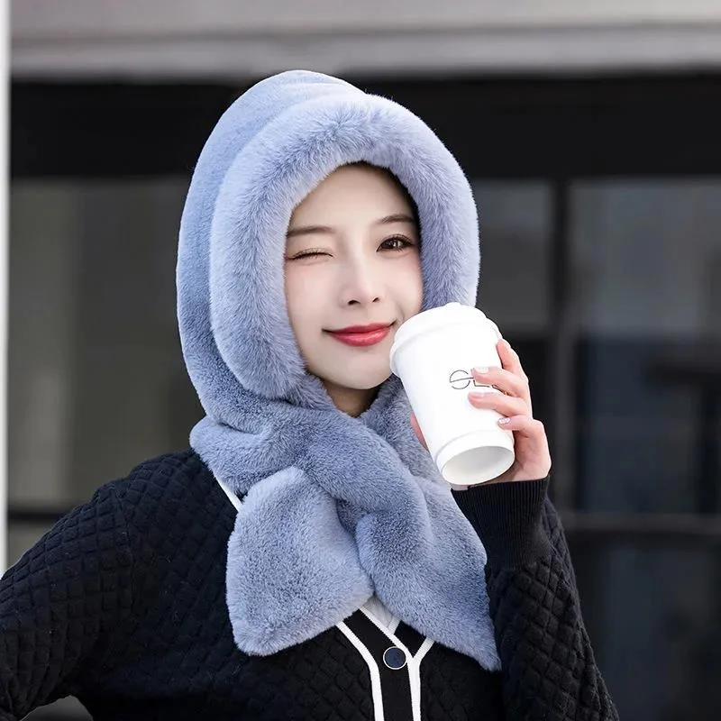 Women Plus Velvet Hat Rabbit Scarf Bow Set One Piece Fake Collar Winter Windproof Hooded Cold-proof Plush Padded Collar Warm Ear Protection Caps Hoodie with Rolled Sleeves Casual Relaxed