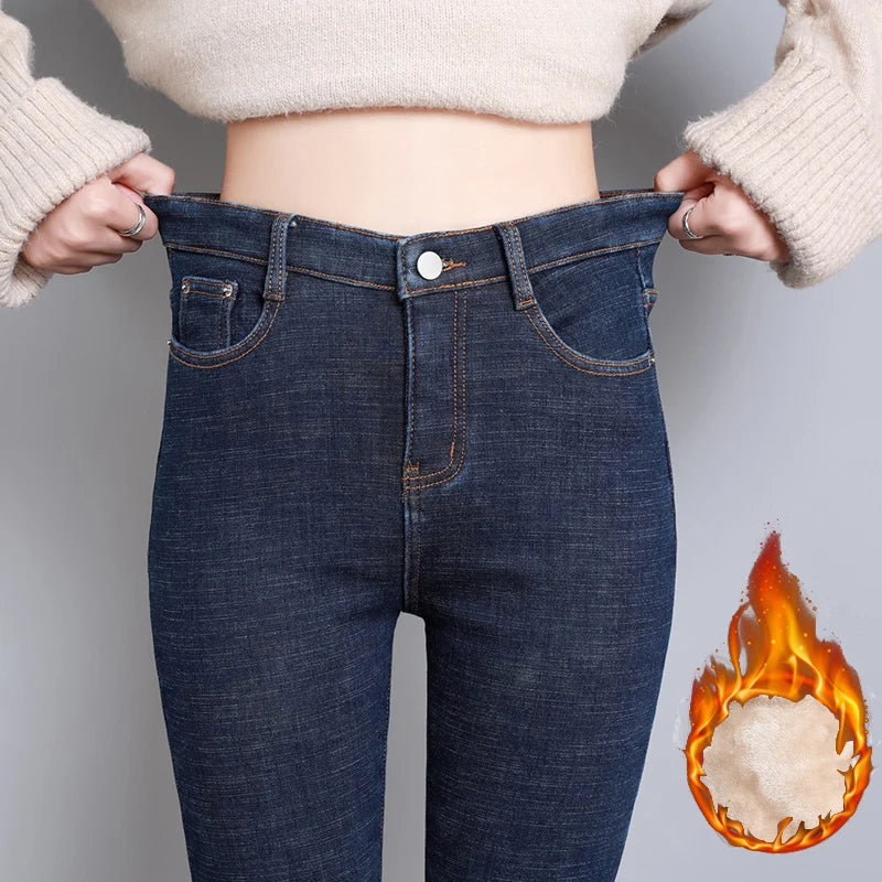 Women Thick Velvet High Waist Skinny Jeans Winter Warm Plush Stretch Snow Jeans Fashionable Slim Fit Jeans