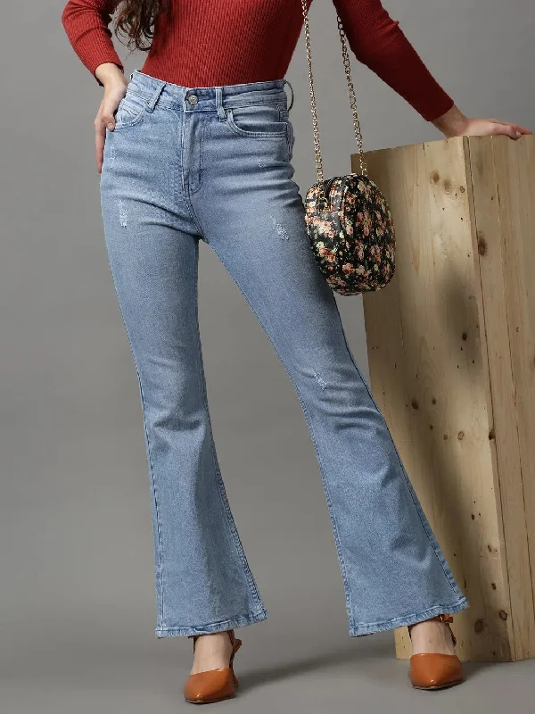 Women's Blue Solid Bootcut Denim Jeans-GZ-5244-1-Blue Casual Bootcut Ripped Jeans