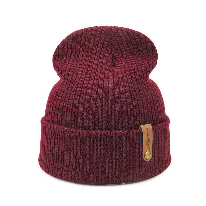 Wool Knitted Hats Men and Women Trend All-match Hooded Caps Men and Women Autumn and Winter Leather Standard Warm Hats Hoodie with Distressed Vintage Worn