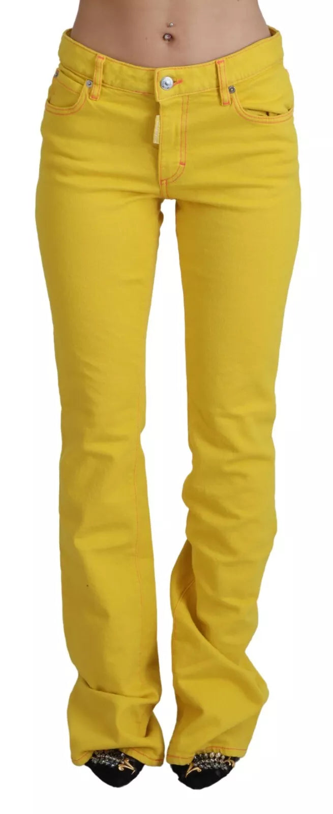 Yellow Cotton Mid Waist Flare Denim Trouser Jeans Stylish High-Rise Mom Jeans