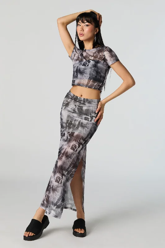 Abstract Mesh Slit Maxi Skirt lightweight skirt design