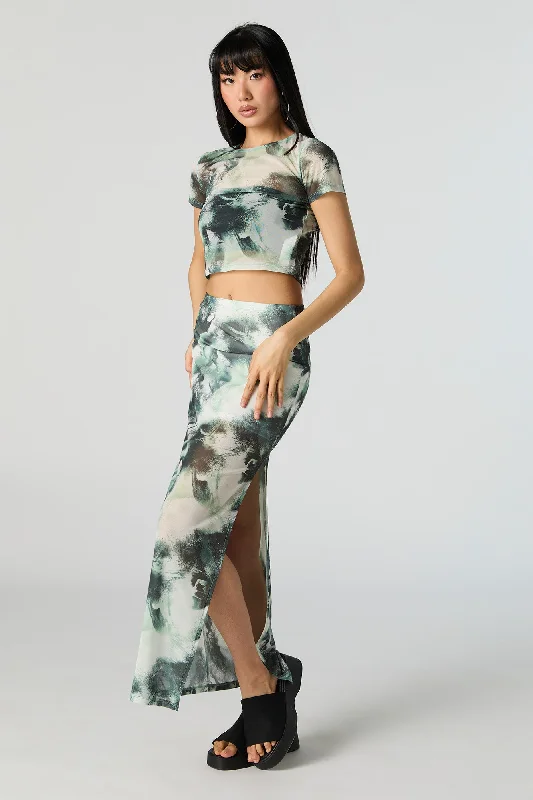 Green Abstract Mesh Slit Maxi Skirt silk skirt elegant