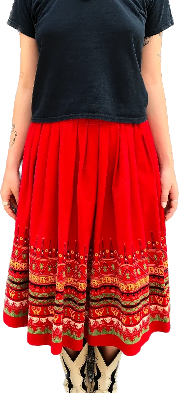 1950s Red Corduroy Design Hem Skirt        W27 ruffled skirt detail