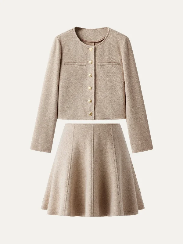 2Pcs Set Button Placket Cropped Jacket & Flare Hem Mini Skirt vintage skirt charm