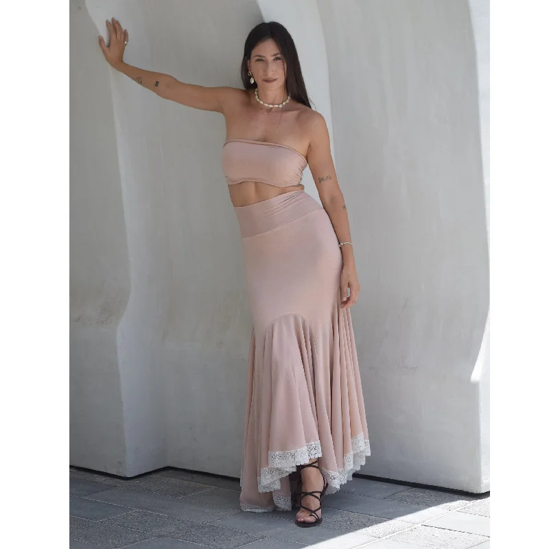Nude Chiffon Midi Length Skirt with Lace chiffon skirt delicate