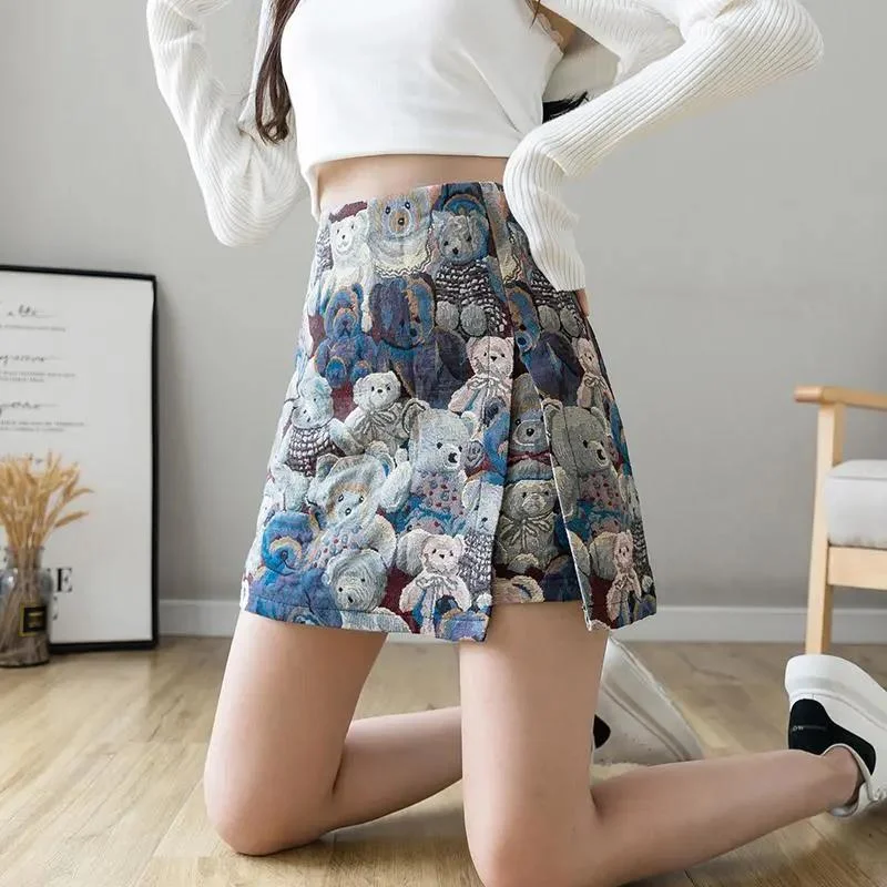 Bear Split Skirt Women's Spring and Autumn High Waist Small Anti-Slip A-Line Short Skirt corduroy skirt cozy