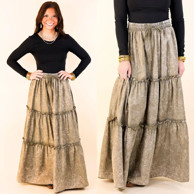 Boho Bliss Acid Wash Tiered Ruffle Maxi Skirt in Olive Green denim skirt durable