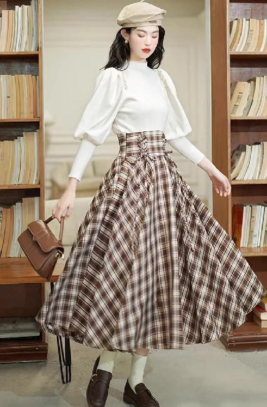Choco Plaid Midi Skirt (Brown) corduroy skirt durable