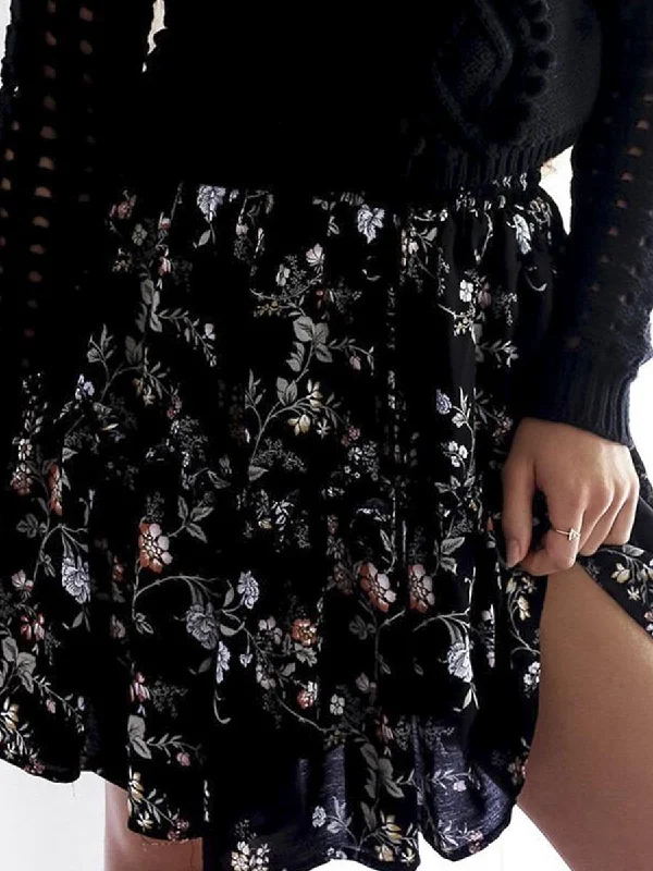 Floral Print High Waist Boho Skirts - Black velvet skirt luxurious