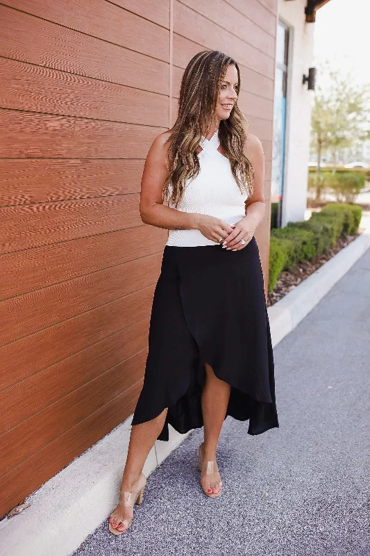 Divine Dreams High Waist Plain Split Ruffle Skirt button skirt front
