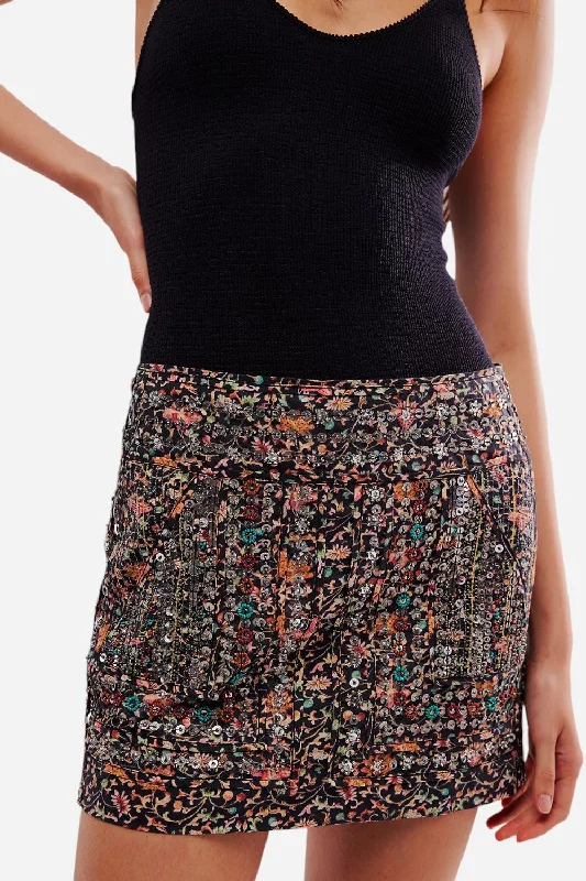Free People Embellished Mini Skirt in Black asymmetrical skirt cut