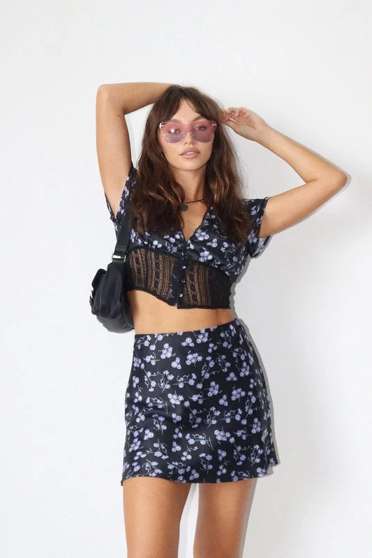 Floral Printed Satin Mini Skirt silk skirt elegant