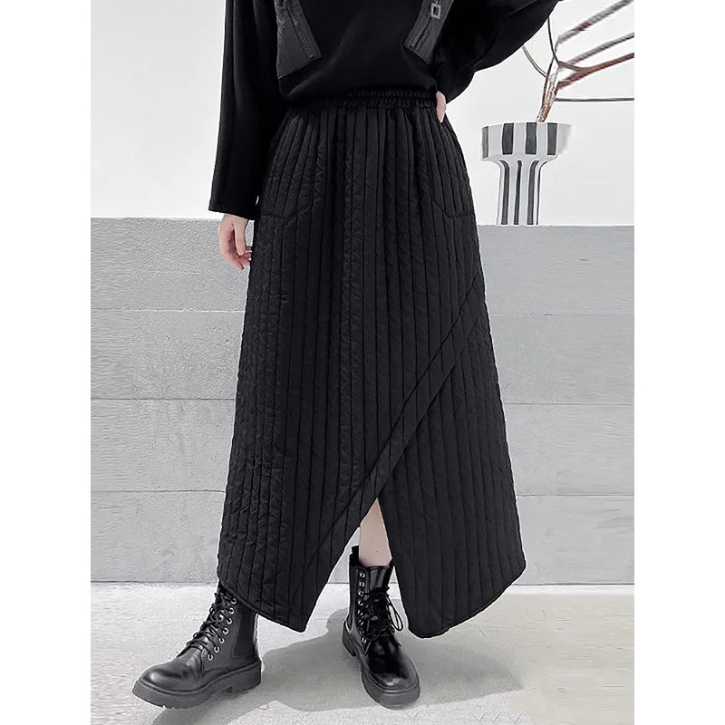 French Retro Black High Waist Thick Skirt asymmetrical skirt cut