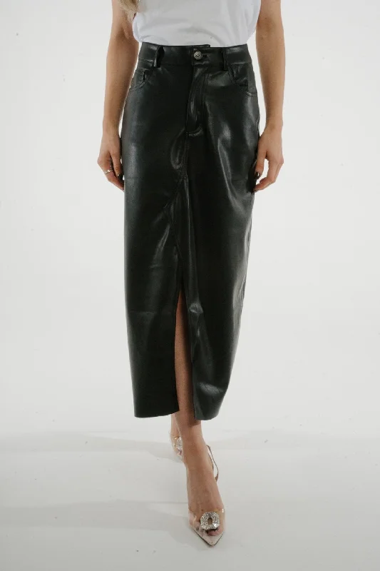Jane Faux Leather Midi Skirt In Black cashmere skirt fine
