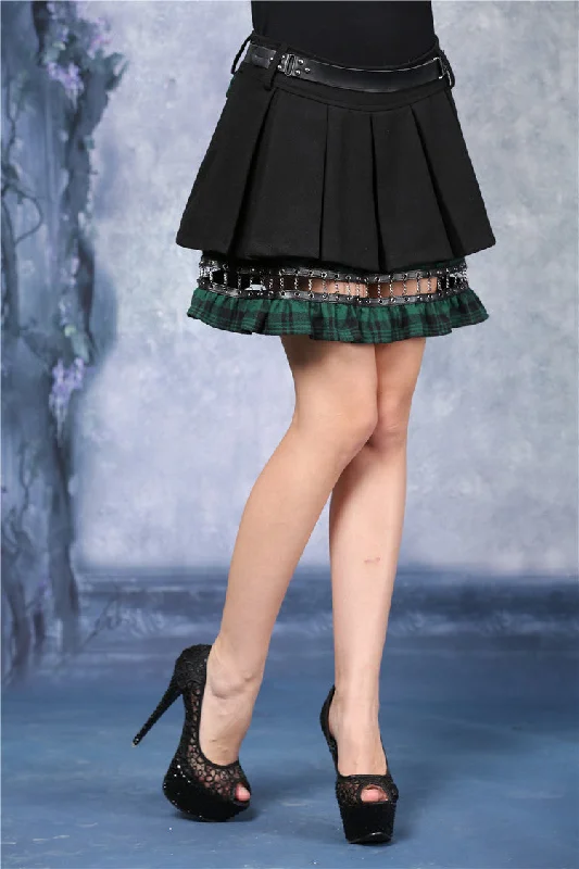 Punk pleated skirt with plaids connected by cycle chain KW039GN belted skirt waist