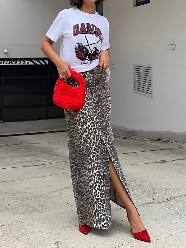 Leopard Straight Slit Maxi Skirt silk skirt lustrous