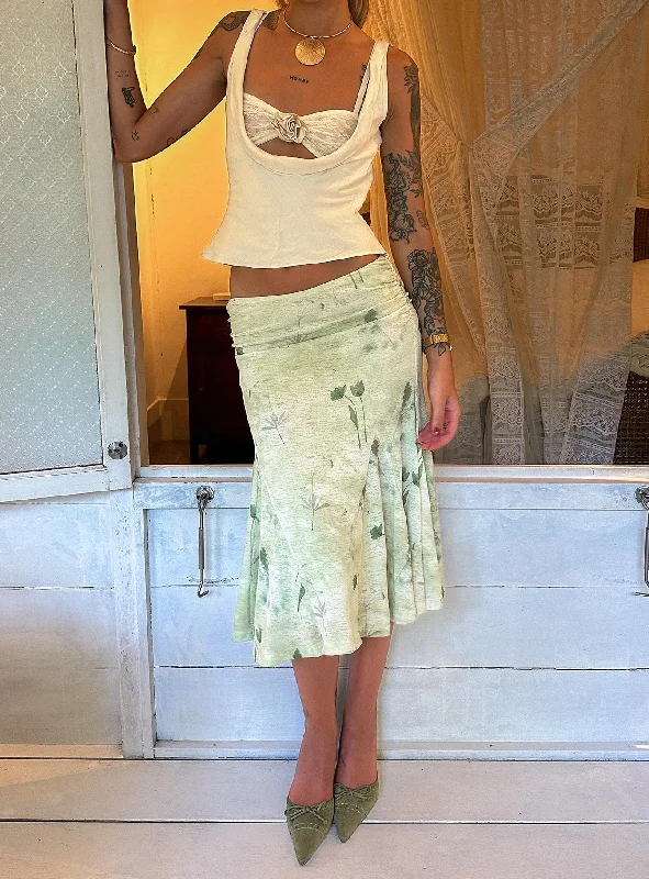 Lewish Low Rise Midi Skirt Green Floral wool skirt sturdy