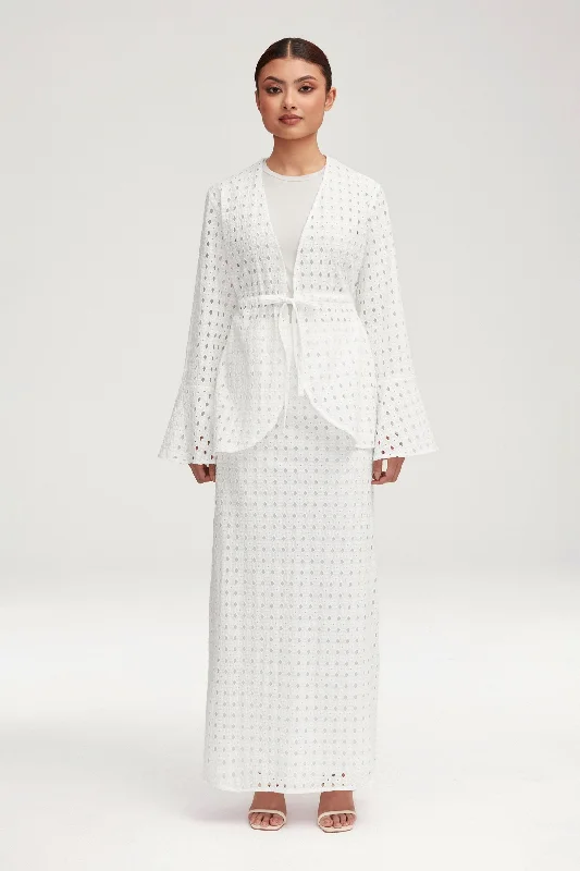 Mamba White Eyelet Maxi Skirt belted skirt waist