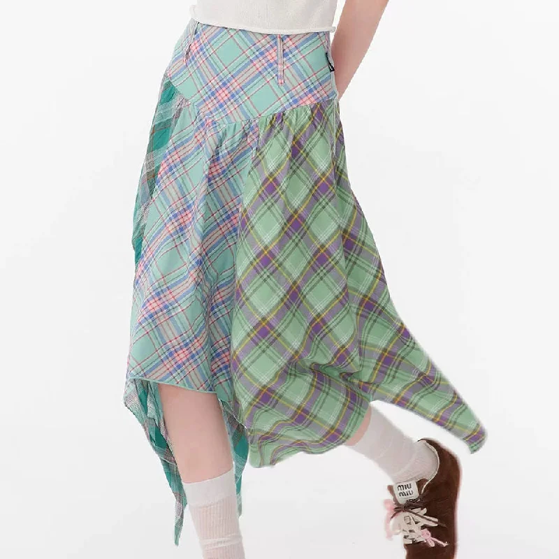Patchwork Midi Plaid Skirt silk skirt luxurious
