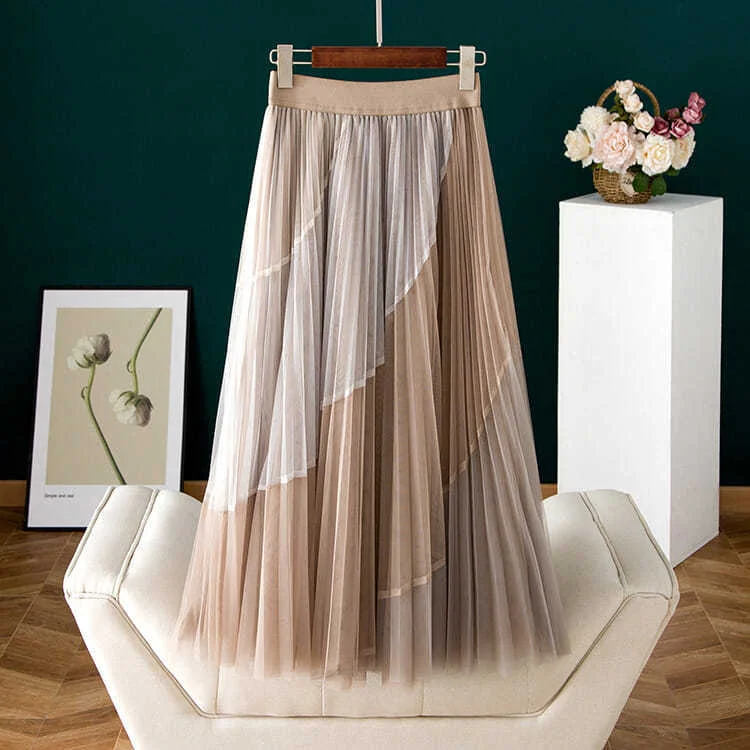 Pleated Mesh Skirt High Waist Slimming Elastic Waist Mid-length Large Skirt a-line skirt cut