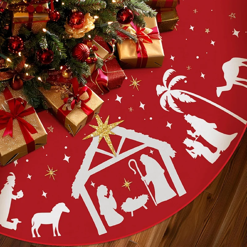 Red Nativity Christmas Tree Skirt - 48 Inch denim skirt classic