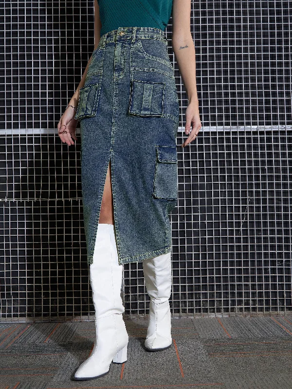 Women Green Washed Denim Box Pocket Midi Skirt corduroy skirt cozy