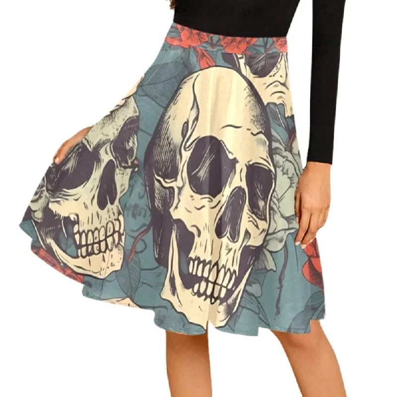 Skull Pattern With Red Flowers Pleated Knee Length Skirt denim skirt casual