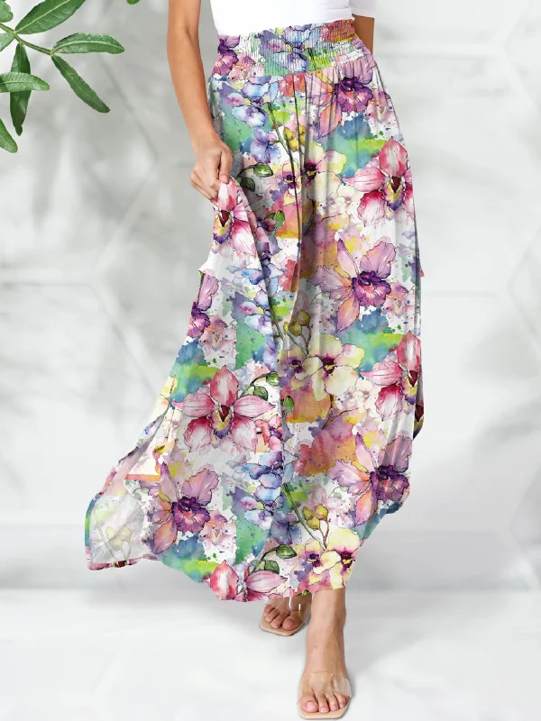 Smocked Printed Elastic Waist Maxi Skirt leather skirt durable
