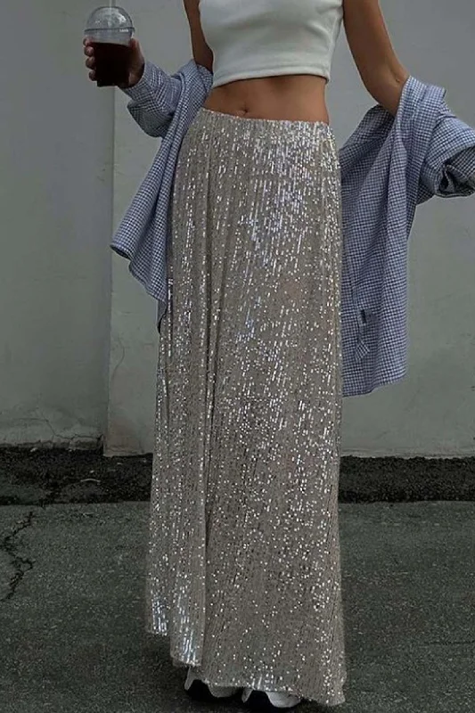 Solid Color Sequin Maxi Skirt high waist skirt