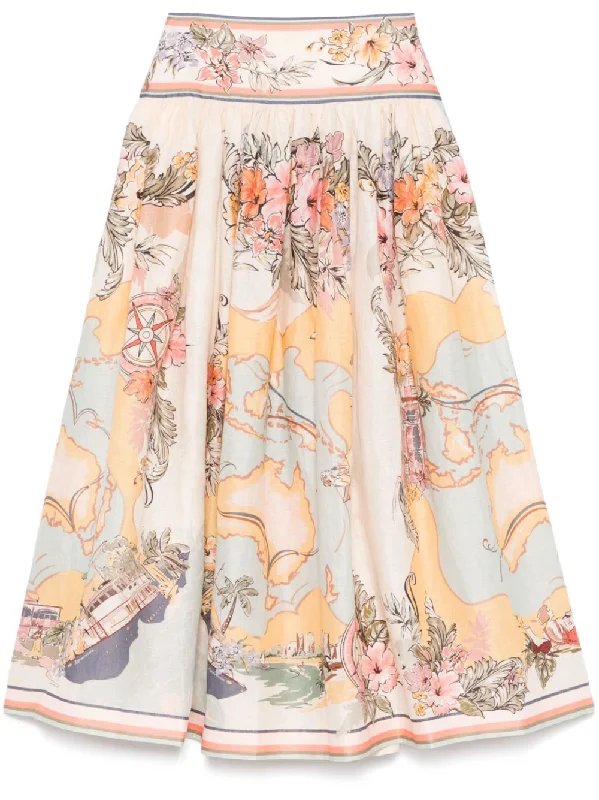 Tallow Midi Skirt in Nautical Map linen skirt natural