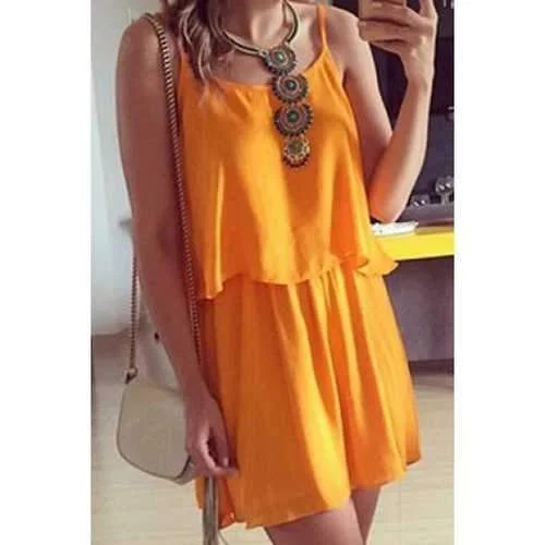 Sexy Spaghetti Strap Sleeveless Solid Color Tank Top + Elastic Waist Skirt Women's Twinset - Orange S denim skirt fashionable