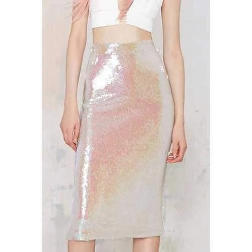 Fashionable Pink Sequins Elastic Waist Skirt For Women - Pink S denim skirt durable