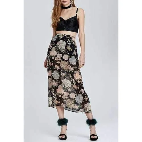 Elegant High-Waisted Floral Print Side Slit Women's Long Skirt - Black 2xl chiffon skirt floaty