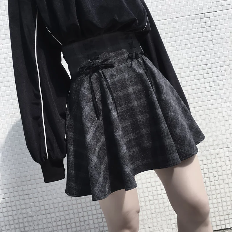 ULZZANG RETRO GRAY GRID SKIRT BY61036 linen skirt breathable