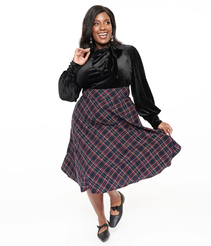 Unique Vintage Plus Size 1950s Navy & Green Plaid High Waist Vivien Swing Skirt chiffon skirt airy