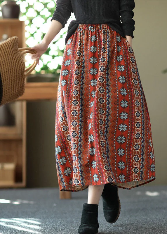 Women Red Elastic Waist Pockets Linen A Line Skirts Summer chiffon skirt delicate