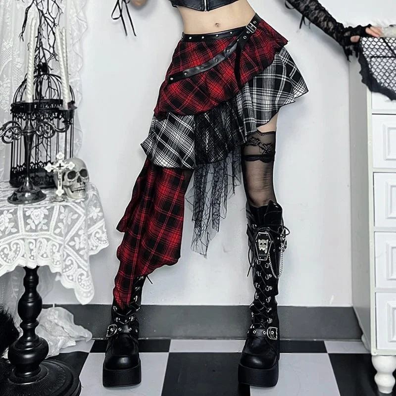 Women's Grunge Plaid Irregular Hem Skirt Black Red lace skirt feminine
