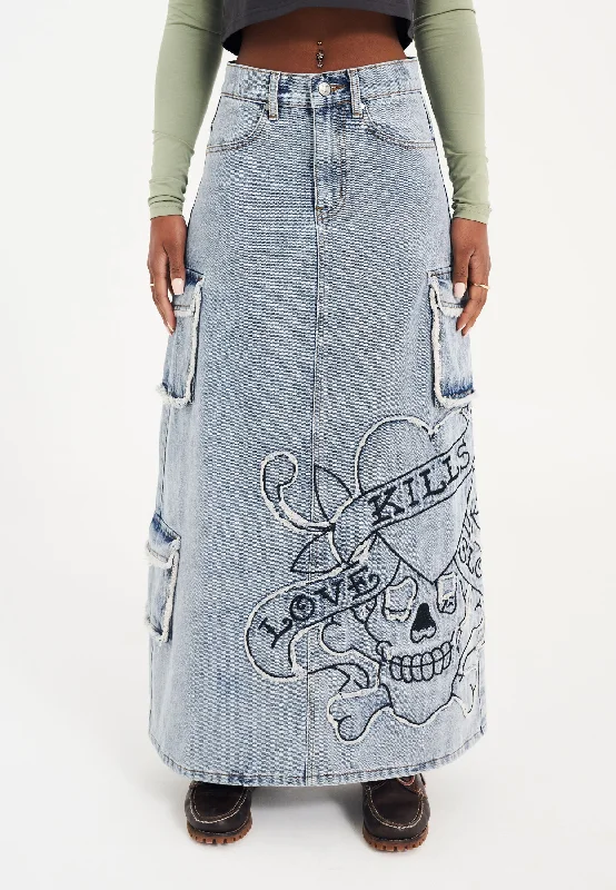 Womens Raw Edge Lks Denim Maxi Skirt - Bleach wool skirt thick